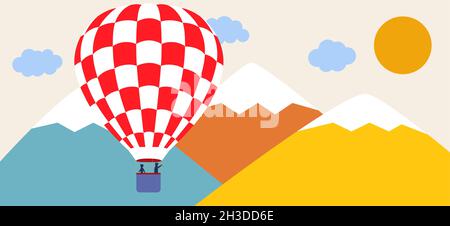 Landschaft mit verschneiten Bergen, Heißluftballons, Wolken und Vögeln. Papier schneiden Kunst digitale Handwerk Stil. Vektorgrafik. Stock Vektor