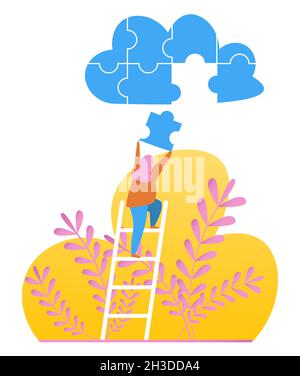 Vektorbild. Das Mädchen auf der Treppe. Ein Cloud-Puzzle zusammenfügen. Stock Vektor