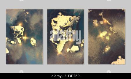 Satz von Marmormustern. Dunkelblaue, grüne und goldene Geodentexturen mit Glitzer. Abstrakter Vektor-Hintergrund in der Alkoholtinte-Technik. Moderne Farbe mit Stock Vektor