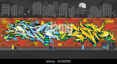 Outdoor Urban Graffiti Wall Mit Nächtlichen Zeichnungen Vor Dem Hintergrund Des Stadtbildes Vektor Illustration Art Stock Vektor