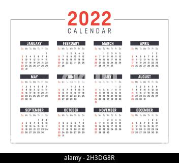 Jahreskalender 2022, isoliert auf weißem Hintergrund. Vektorvorlage. Stock Vektor