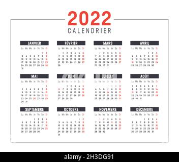 Jahr 2022 Kalender, in französischer Sprache isoliert auf weißem Hintergrund. Vektorvorlage. Stock Vektor