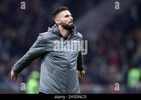 Olivier Giroud vom AC Mailand feiert nach dem Sieg in der Serie Ein Spiel zwischen AC Mailand und Turin FC . Stockfoto