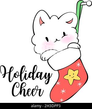 Weihnachten Kawaii Katze mit Socken. Feiertagsstimmung. Vektoraufkleber für Messenger Stock Vektor