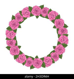 Farbige Abbildung eines runden Kranzes aus rosa Rosen. Isoliertes Vektorobjekt auf weißem Hintergrund. Stock Vektor
