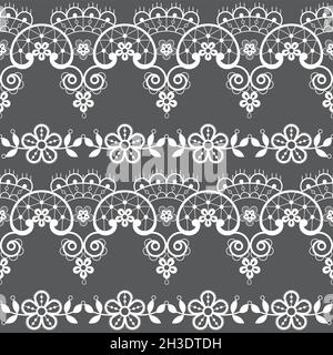 Nahtloses Vektor-Textil- oder Stoffmuster aus Retro-Spitze, ornamentales, sich wiederholendes Design mit Blumen und Wirbeln in Weiß auf grauem Hintergrund Stock Vektor
