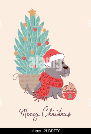 Niedlicher Hundeschnauzer auf der weihnachtskarte. Vektor-Illustration mit Weihnachtsbaum in flachem Stil und Schriftzug Frohe Weihnachten. Stock Vektor