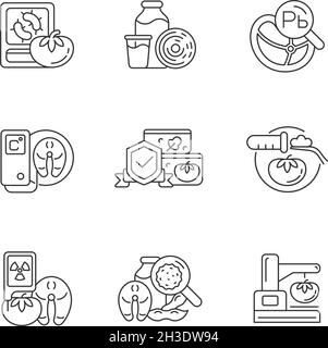 Lineare Symbole für die Lebensmittelanalyse gesetzt Stock Vektor