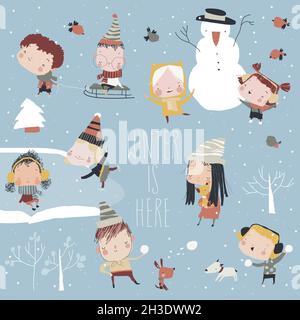 Happy Cute Kids spielen Winterspiele. Hallo Winter Stock Vektor