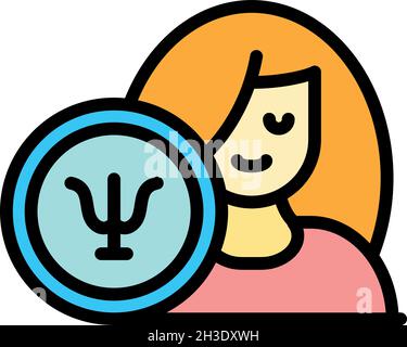 Frau und ein Zeichen der Psychologie-Ikone. Umriss Frau und ein Zeichen der Psychologie Vektor-Symbol Farbe flach isoliert Stock Vektor