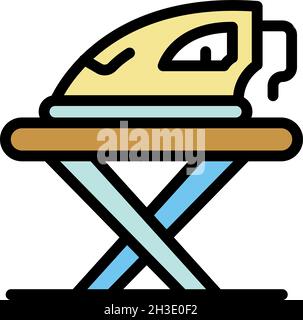 Bügelbrett und Bügeleisen sind ein Symbol. Umriss Bügelbrett und Bügeleisen Vektor Symbol Farbe flach isoliert Stock Vektor