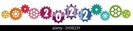 eps-Vektordatei mit Kooperationszahnrädern in verschiedenen Farben für Geschäftsgrüße zum neuen Jahr 2022 Stock Vektor