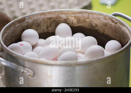 Viele Hühnereier stapelten sich in einem großen Metalltopf Stockfoto