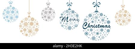 Hängende Kugeln blau mit verschiedenen abstrakten Schneeflocken-Icons für Weihnachten und Winter-Konzepte, frohe Weihnachten Grüße Text in zwei bau Stock Vektor