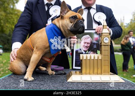 NUR FÜR REDAKTIONELLE VERWENDUNG Sir David Amess' französische Bulldogge Vivienne wird als Gewinner des Westminster Dog of the Year Wettbewerbs bekannt gegeben, der gemeinsam von Dogs Trust und dem Kennel Club, London, organisiert wird. Bilddatum: Donnerstag, 28. Oktober 2021. Stockfoto