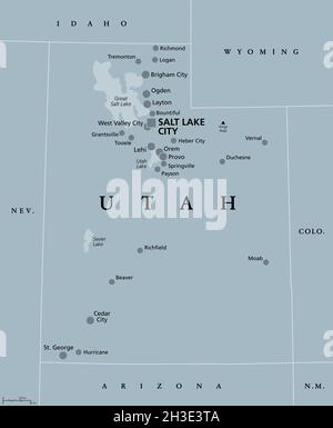 Utah, Utah, graue politische Karte, mit der Hauptstadt Salt Lake City. Staat in der Unterregion Mountain West der westlichen Vereinigten Staaten von Amerika, Beehive State. Stockfoto