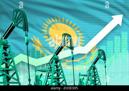 Konzept der kasachischen Ölindustrie, industrielle Illustration - steigende Grafik im Hintergrund der kasachischen Flagge. 3D-Illustration Stockfoto