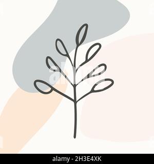 Abstraktes Hintergrundbild mit abgerundeten minimalistischen Formen in gedeckten Farben und einem Zweig mit Blättern. Stock Vektor
