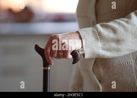 Themenbild - Rentner, Senioren, ältere Frau mit Rollator, Gehhilfe und Gehstock, Stick- und Corona-Maske, Einweg-Schutzmaske im Altersheim, Altersheim, Assisted Living Bild: Model Release, Model Release, Model Release Vertrag vorhanden, Detail, close-up, cut out, eine ältere Frau, Rentnerin, Senioren fährt mit Einwegmaske, Gesichtsmaske und Rollator, Gehhilfe, Gehrahmen und Gehstock, Stock, in der Wohnung im Altersheim, Altersheim, Assisted Living Symbol Bild, Thema Bild, Feature Bild | Modell App Stockfoto