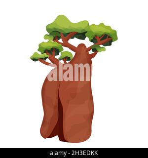 Baobab Baum oder Affe Brot Baum afrikanischen in Cartoon-Stil isoliert auf weißem Hintergrund. Savannah Dschungel Wald Objekt. . Vektorgrafik Stock Vektor