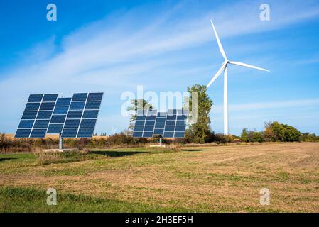 Sonnenkollektoren und eine Windturbine auf einem Feld unter blauem Himmel. Speicherplatz kopieren. Konzept für erneuerbare Energien. Stockfoto