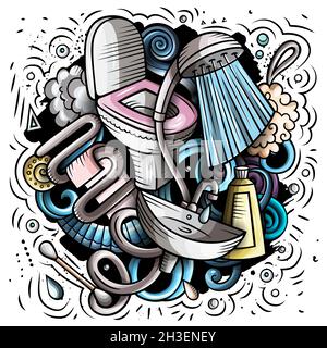 Badezimmer Hand gezeichnet Vektor Doodles Illustration. Badezimmer mit Poster. Stock Vektor