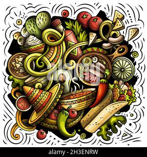 Mexikanische Lebensmittel handgezeichnete Vektor-Doodles Illustration. Kuche Poster Design. Stock Vektor