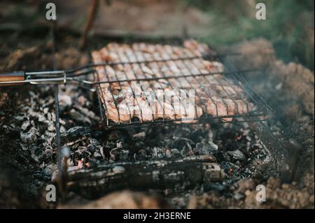 Grillen in Campingbedingungen. Auf dem Grill werden auf schwelenden Kohlen oder auf dem Summe vom Lagerfeuer auf dem Boden Stücke Schweinefleisch mit Zwiebeln gebraten Stockfoto