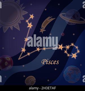 Doodle-Konstellation der fische Symbol der Tierkreiszeichen Vektor-Illustration der Astrologie und Astronomie. Horoskope helle Sterne im Kosmos Stock Vektor
