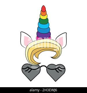 Illustration eines niedlichen Einhorn-Gesichts in Sonnenbrillen. Regenbogen, Herzen Stock Vektor