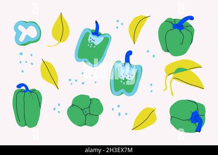 Set aus dekorativen Paprika, Scheiben und Blättern. Isoliert auf weißem Hintergrund Paprika. Für das Design. Stock Vektor