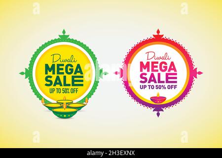 Diwali Mega Sale Rabatt Angebot Logo Einheit mit gelbem Hintergrund, Schild, Symbol, 50% off, modernes Logo. Stock Vektor