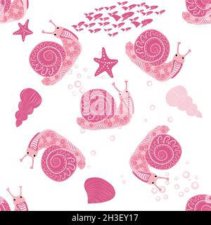 Schnecke rosa, Seebewohner nahtlose Muster, schöner Charakter zwischen Muscheln, Algen, Seesterne, Meerestiere der Tierwelt. Stock Vektor