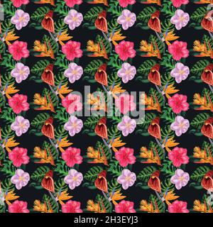 Tropische rosa Orchideenblüten, Monstera, Bananenpalmen Blätter nahtloses Muster. Abbildung des Dschungelbelaums. Exotische Pflanzen. Blumenmuster im Sommer am Strand. P Stock Vektor