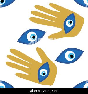 Hamsa-Auge, magisches Auge nahtloses Muster. Magie, Hexerei, okkultes Symbol. Blau weiß goldene Augen. Textil-Stofftapete Stock Vektor