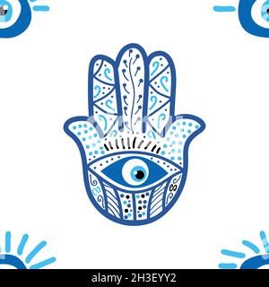 Hamsa-Auge, magisches Auge nahtloses Muster. Magie, Hexerei, okkultes Symbol. Blau weiß goldene Augen. Textil-Stofftapete Stock Vektor