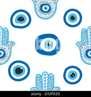 Hamsa-Auge, magisches Auge nahtloses Muster. Magie, Hexerei, okkultes Symbol. Blau weiß goldene Augen. Textil-Stofftapete Stock Vektor