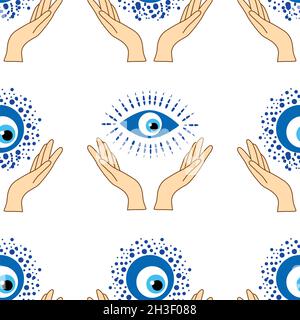 Nahtloses Muster für böse Augen. Magie, Hexerei, okkultes Symbol. Hamsa-Auge, magisches Auge, Dekorelement. Blau weiß goldene Augen. Stoff Textil Geschenkartikel Tapete Stock Vektor