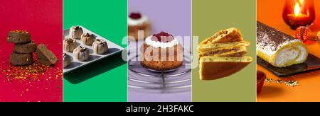 Collage aus verschiedenen Keto-Desserts auf bunten Hintergründen. Hausgemachte Kekse aus Mandel- und Kokosmehl mit Süßstoff Erythritol. Trendiges Colo Stockfoto