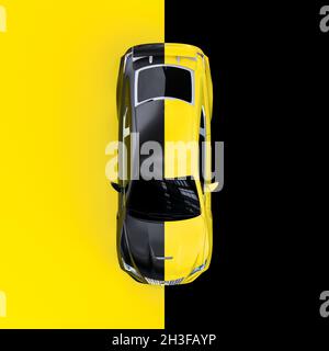 Gelber Sportwagen von oben gesehen, abwechselnd schwarz und gelb. 3d-Rendering Stockfoto