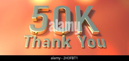 50.000 Anhänger feiern. Danke fünfzig tausend goldenen Text auf orangenen Hintergrund. Dankeskarte für Netzwerkfreunde und Abonnenten. Social Me Stockfoto