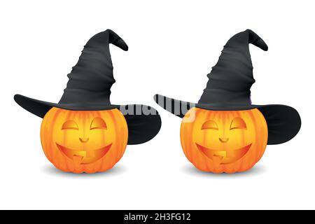Vektor Hochglanz Cartoon Halloween Pumpkin Laterne mit Lustigen Gesicht und Hexenhut Symbol Set Nahaufnahme isoliert auf Weiß. Vorderansicht. Designvorlage von Stock Vektor