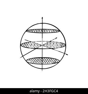 Kugel im Koordinatensystem. Abschnitt eines mathematischen Kreises. Berechnung der Zahl. Exakte Wissenschaft ist Mathematik. Grafikkonzept. Gravierte Hand Stock Vektor