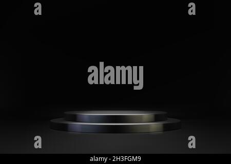 Minimale 3D-Szene mit schwarzem Doppelzylinder-Podium auf dunklem Hintergrund. Leere Bühne für Produktpräsentation. Realistische Vektorplattform mit freiem Platz Stock Vektor