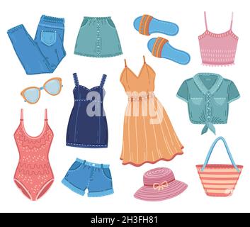 Sommerkleidung. Mode Kleidung, Frau Outfit kurze Jeans Hemd. Bekleidungsverpackung, trendige Saison Damenbadeanzug Accessoires genaue Vektor-Set Stock Vektor