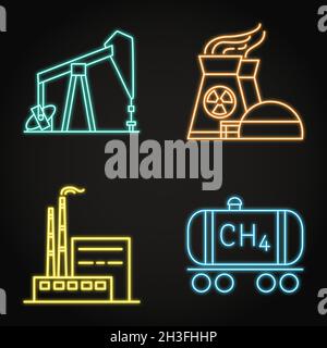 Neon Icon Set - Ursachen des Klimawandels. Symbole für Ölplattform, Kohlekraftwerk, Kernkraftwerk und Methangas. Vektorgrafik. Stock Vektor