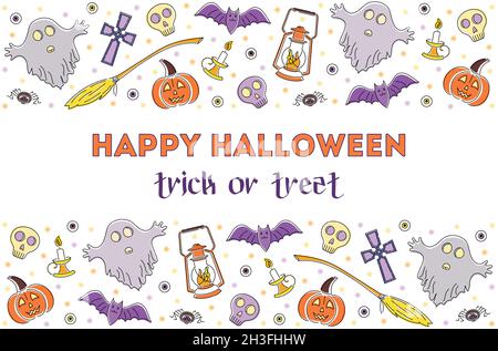 Helle Linie Kunst Illustration mit halloween-Symbole. Hintergrund mit glücklichem Trick or Treat Stock Vektor