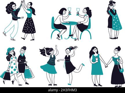 Weibliche Freundschaft. Mädchen Freunde zusammen, Frauen trinken Wein umarmt Treffen. Cartoon Feministinnen Charaktere, anständig lächelnde Frau tanzen Vektor-Szenen Stock Vektor