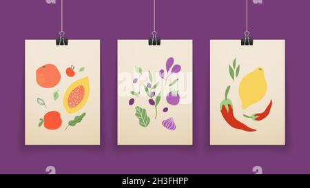 Abstrakte Lebensmittelposter. Obstformen, Pastellfarben, moderne Innenraumgestaltung mit Gemüse und Pflanzen Stock Vektor