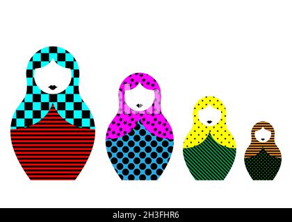 Russische Nestpuppen Matroschka. Babushka-Puppe. Matroschka Set Familie mit bunten modernen Ornament, Vektor-Illustration, isoliert oder weiß backgroun Stock Vektor